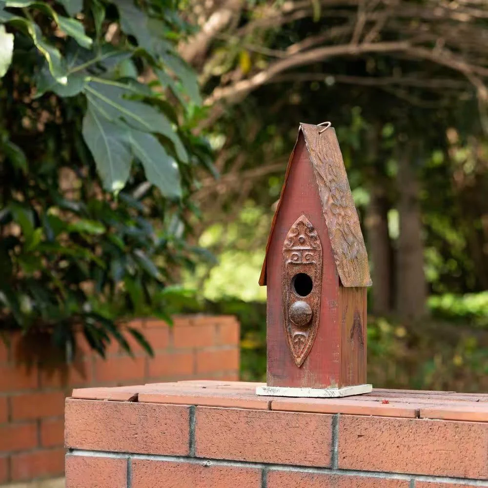 Outdoor Garden Rustic Brown Solid Wood and Iron Bird House - Image 4