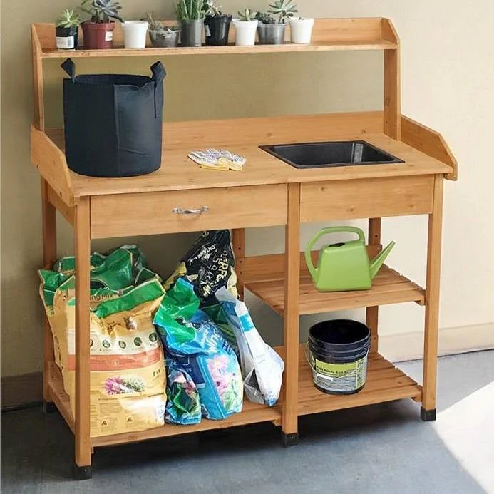 Outdoor Garden Wood Potting Bench Work Table with Sink in Light Oak Finish - Image 2