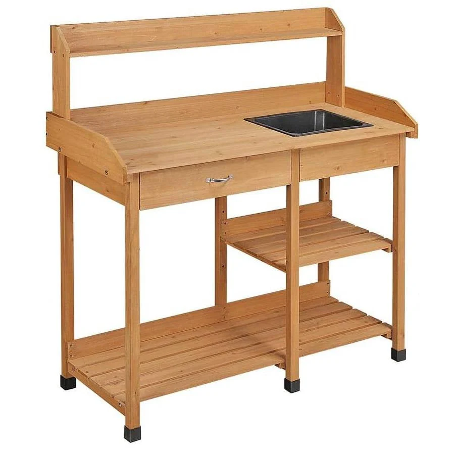 Outdoor Garden Wood Potting Bench Work Table with Sink in Light Oak Finish - Image 3
