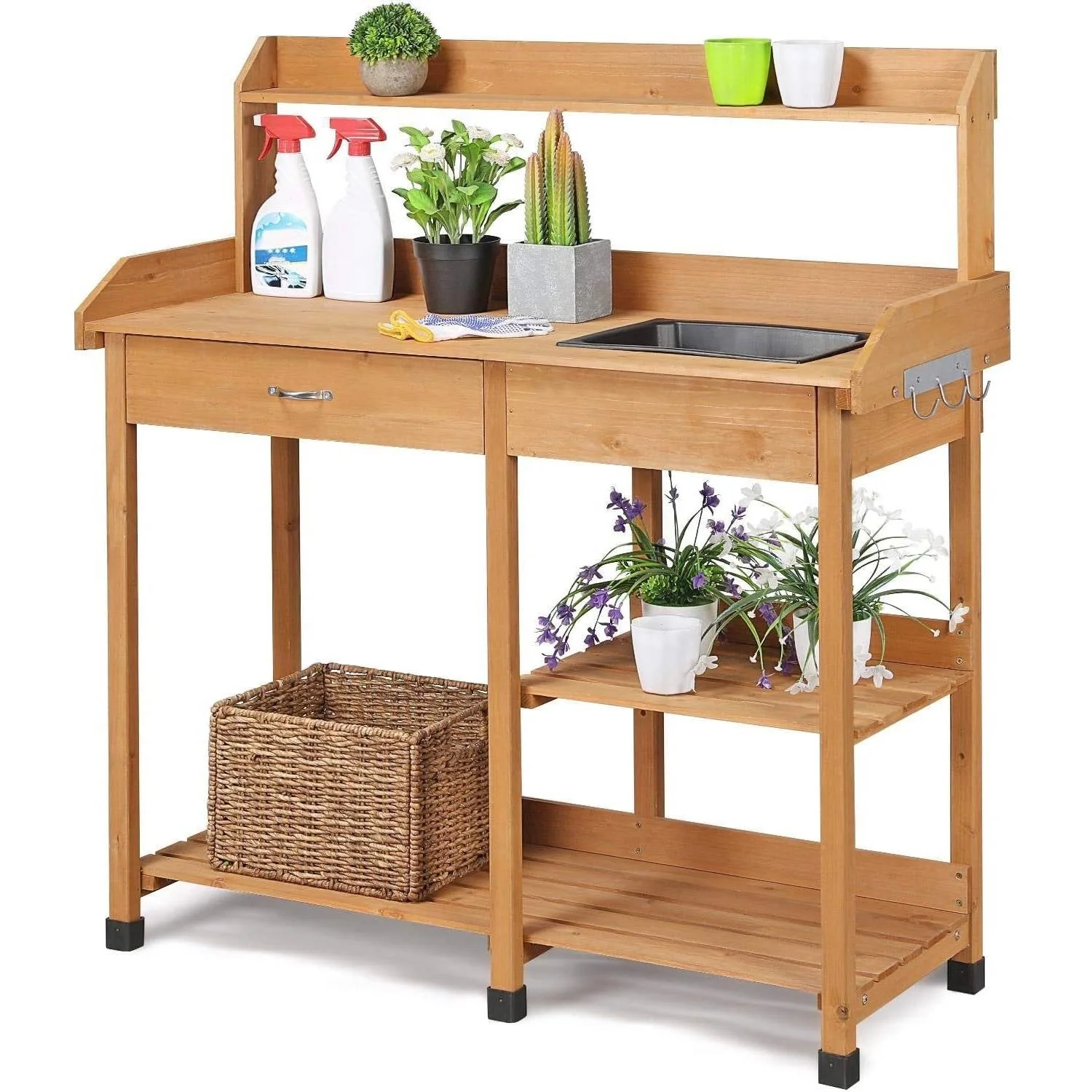 Outdoor Garden Wood Potting Bench Work Table with Sink in Light Oak Finish - Image 4