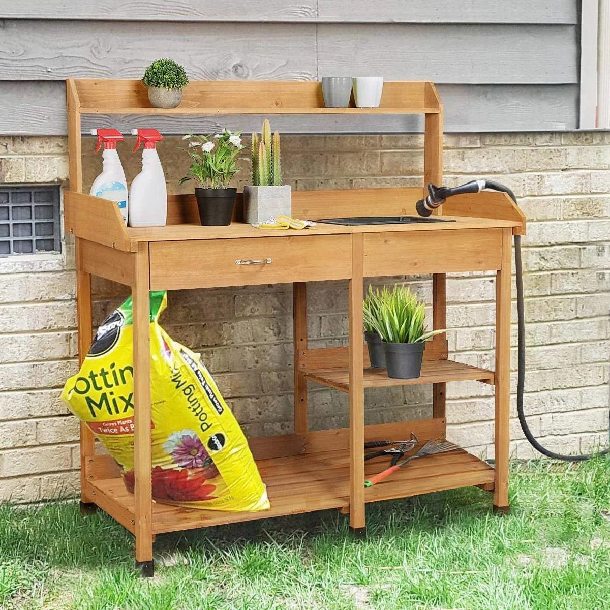 Outdoor Garden Wood Potting Bench Work Table with Sink in Light Oak Finish - Image 5