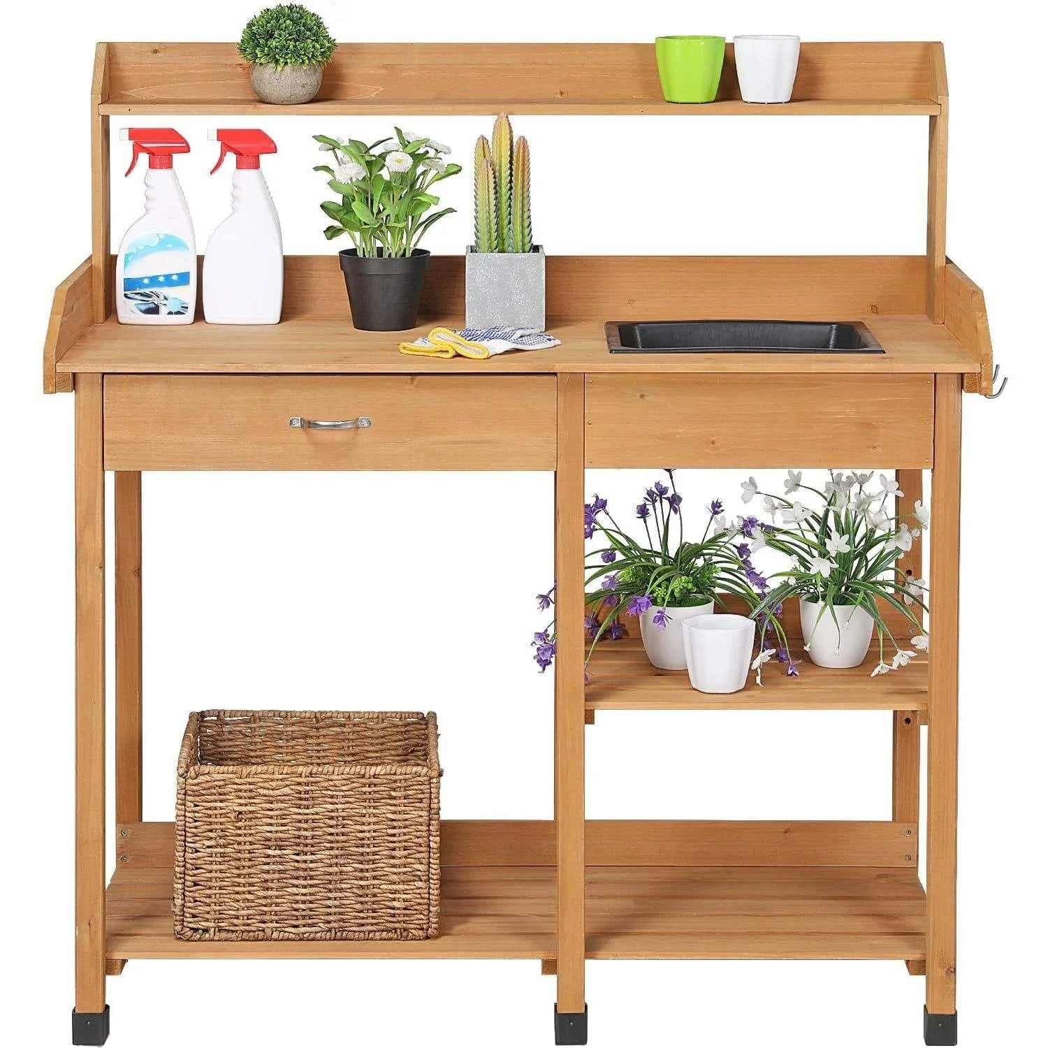 Outdoor Garden Wood Potting Bench Work Table with Sink in Light Oak Finish - Image 6