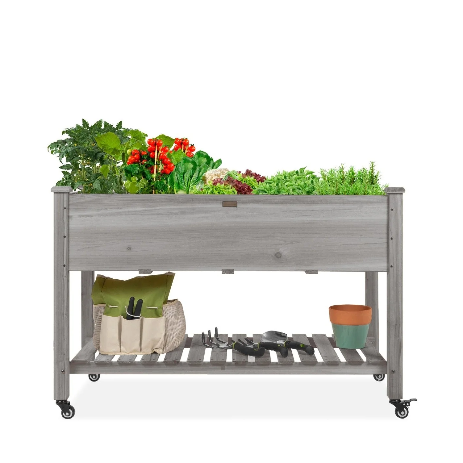 Outdoor Grey Wood Raised Garden Bed Planter Box with Shelf and Locking Wheels - Image 2