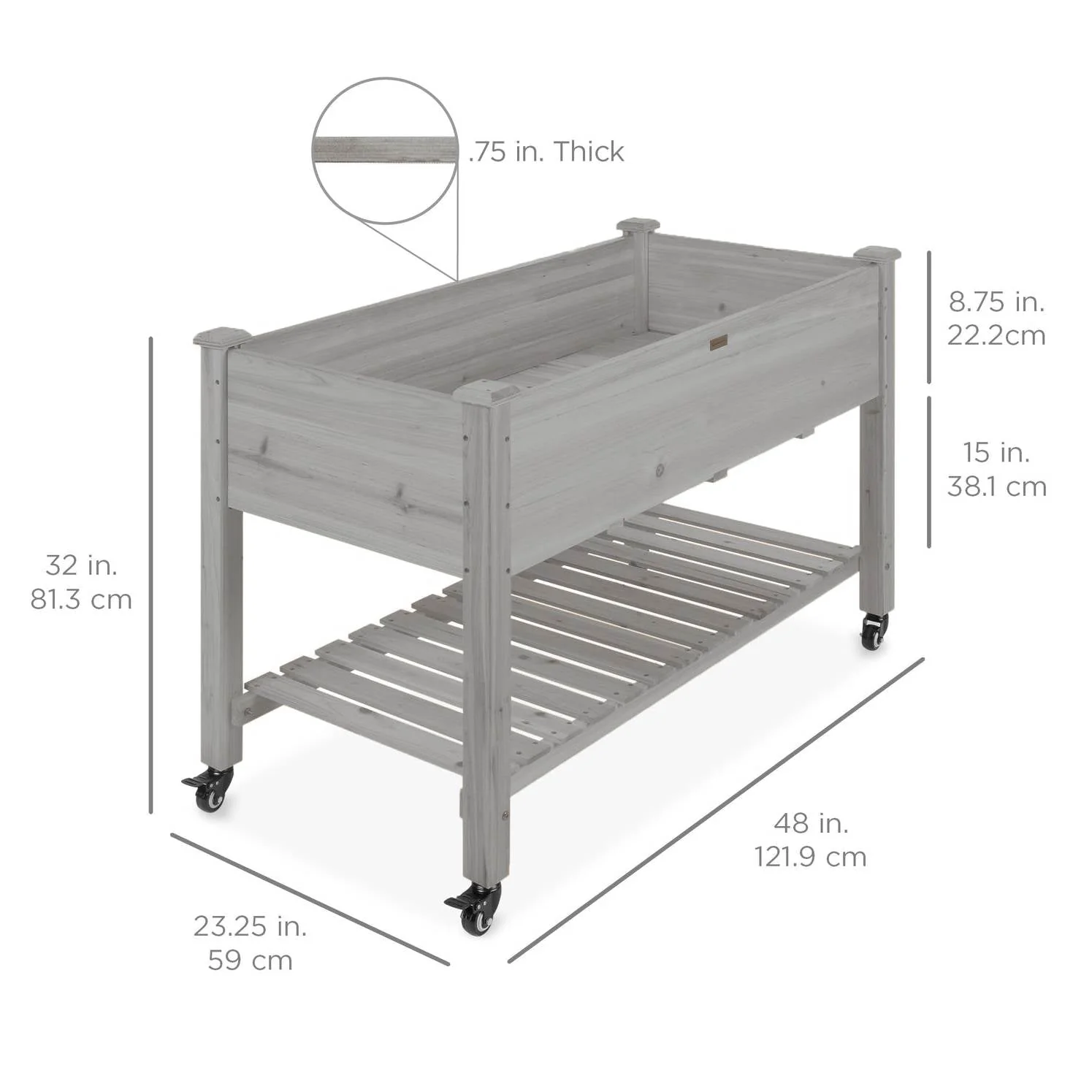 Outdoor Grey Wood Raised Garden Bed Planter Box with Shelf and Locking Wheels - Image 3