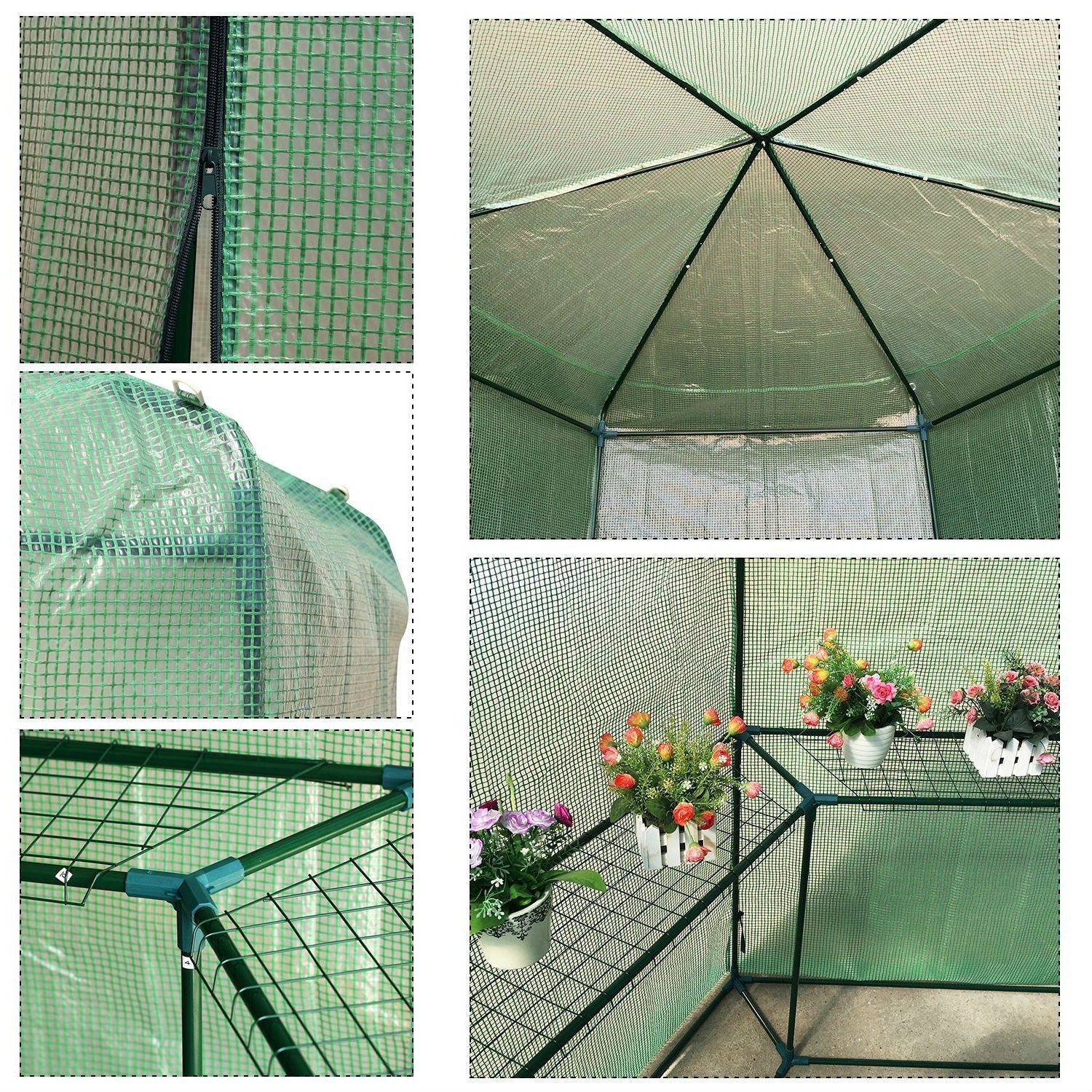 Outdoor Hexagon Greenhouse 6.5 x 7 Ft with Steel Frame PE Cover and Shelves - Image 4