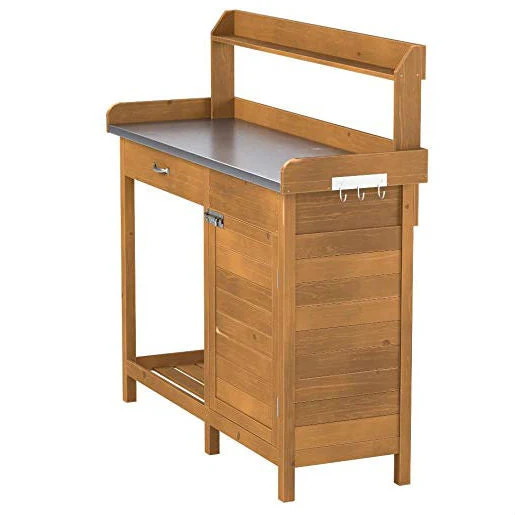 Outdoor Home Garden Potting Bench with Metal Table Top and Storage Cabinet - Image 2