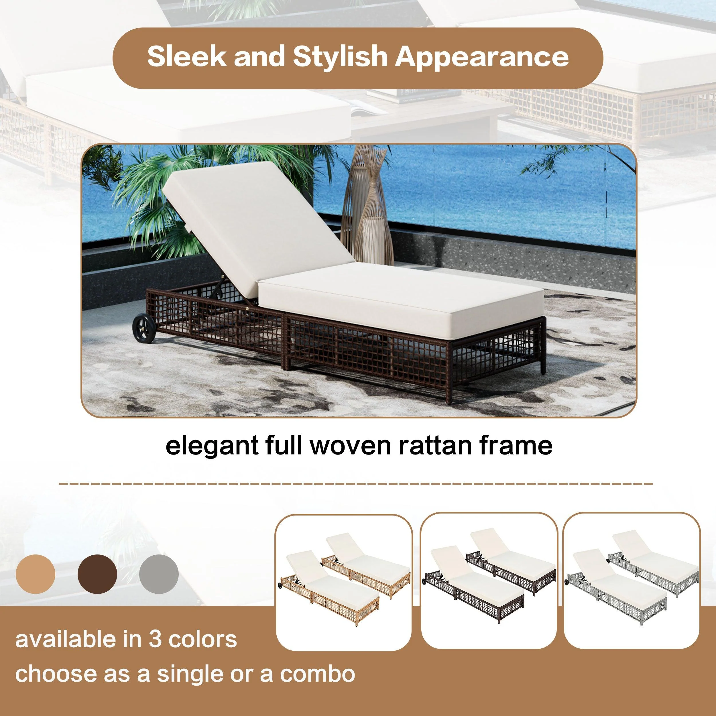 Outdoor Lounge Chair, Patio Chaise Lounge with 5-Position Backrest, Rattan Outdoor Lounge Chair with Cushion and Wheels for Poolside, Backyard, Garden - Image 11