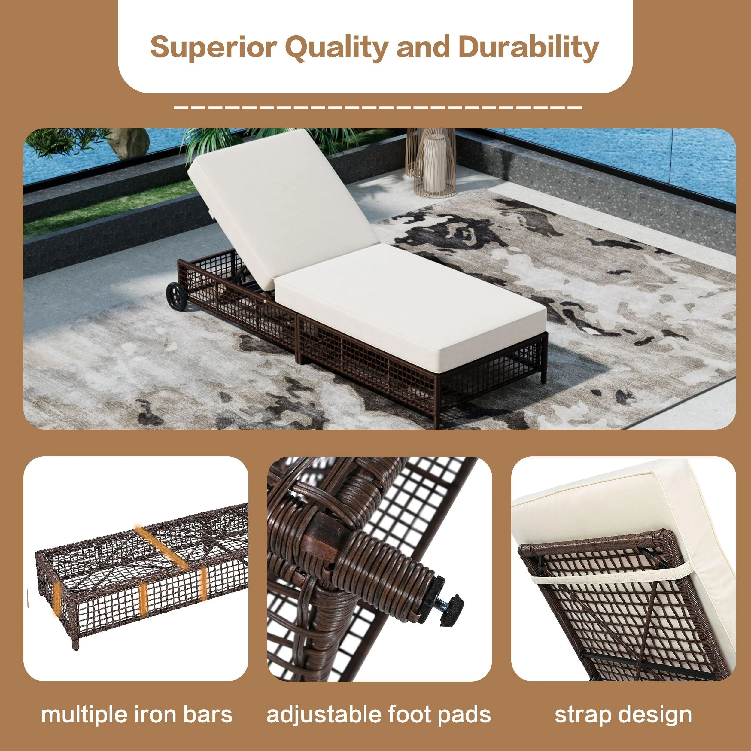Outdoor Lounge Chair, Patio Chaise Lounge with 5-Position Backrest, Rattan Outdoor Lounge Chair with Cushion and Wheels for Poolside, Backyard, Garden - Image 14