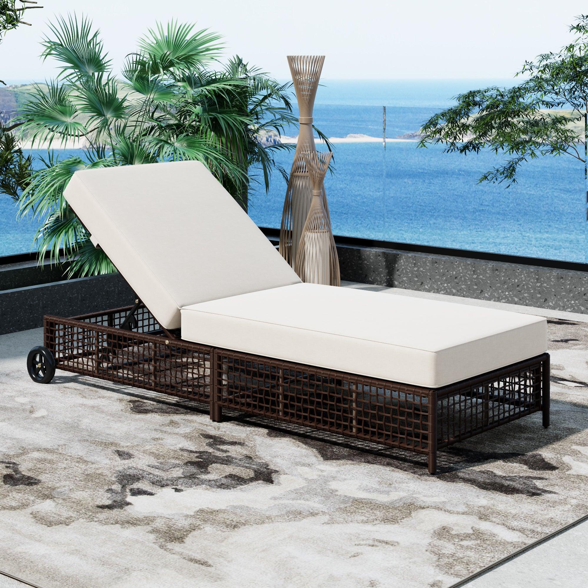 Outdoor Lounge Chair, Patio Chaise Lounge with 5-Position Backrest, Rattan Outdoor Lounge Chair with Cushion and Wheels for Poolside, Backyard, Garden - Image 17