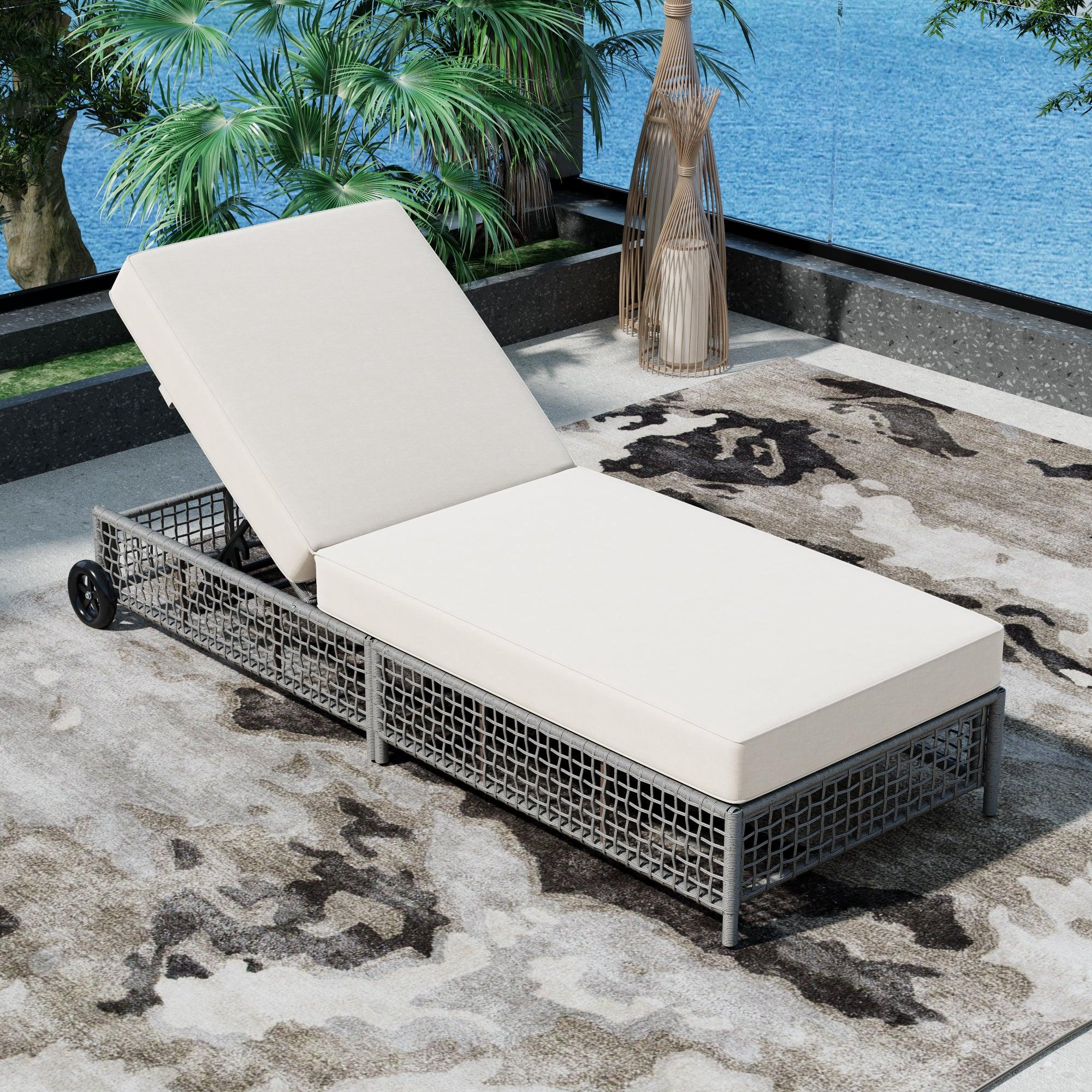 Outdoor Lounge Chair, Patio Chaise Lounge with 5-Position Backrest, Rattan Outdoor Lounge Chair with Cushion and Wheels for Poolside, Backyard, Garden - Image 27