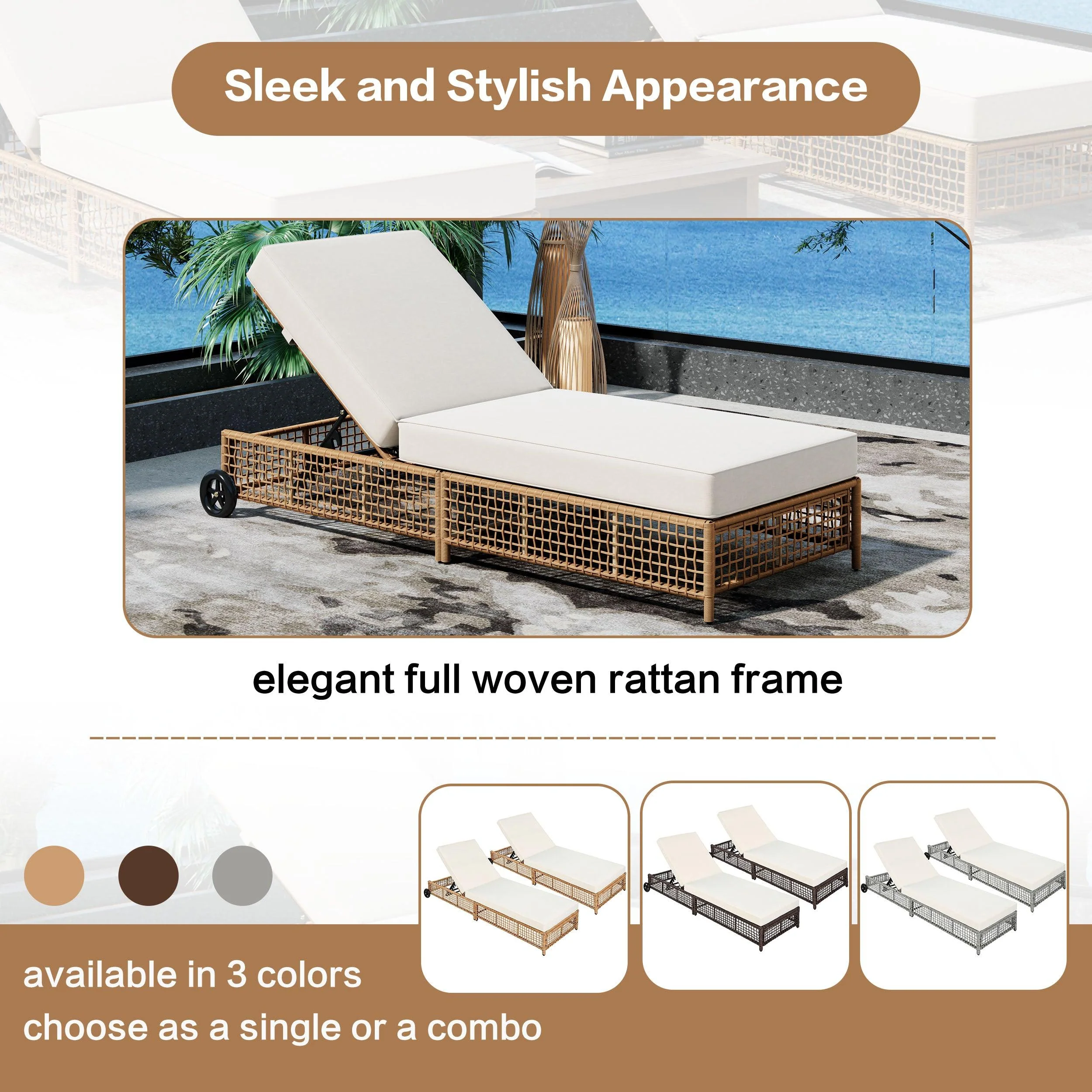 Outdoor Lounge Chair, Patio Chaise Lounge with 5-Position Backrest, Rattan Outdoor Lounge Chair with Cushion and Wheels for Poolside, Backyard, Garden - Image 4