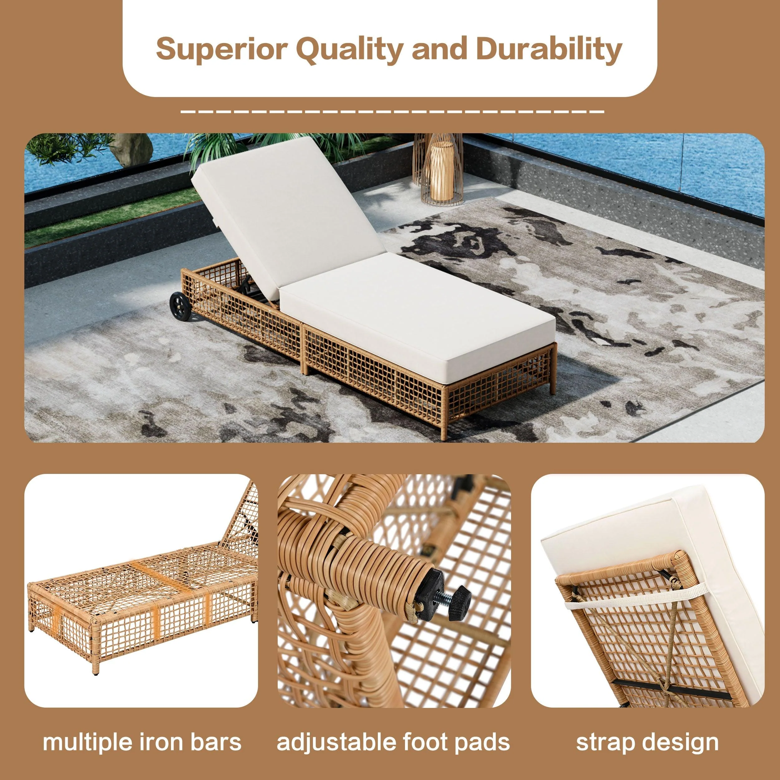 Outdoor Lounge Chair, Patio Chaise Lounge with 5-Position Backrest, Rattan Outdoor Lounge Chair with Cushion and Wheels for Poolside, Backyard, Garden - Image 6