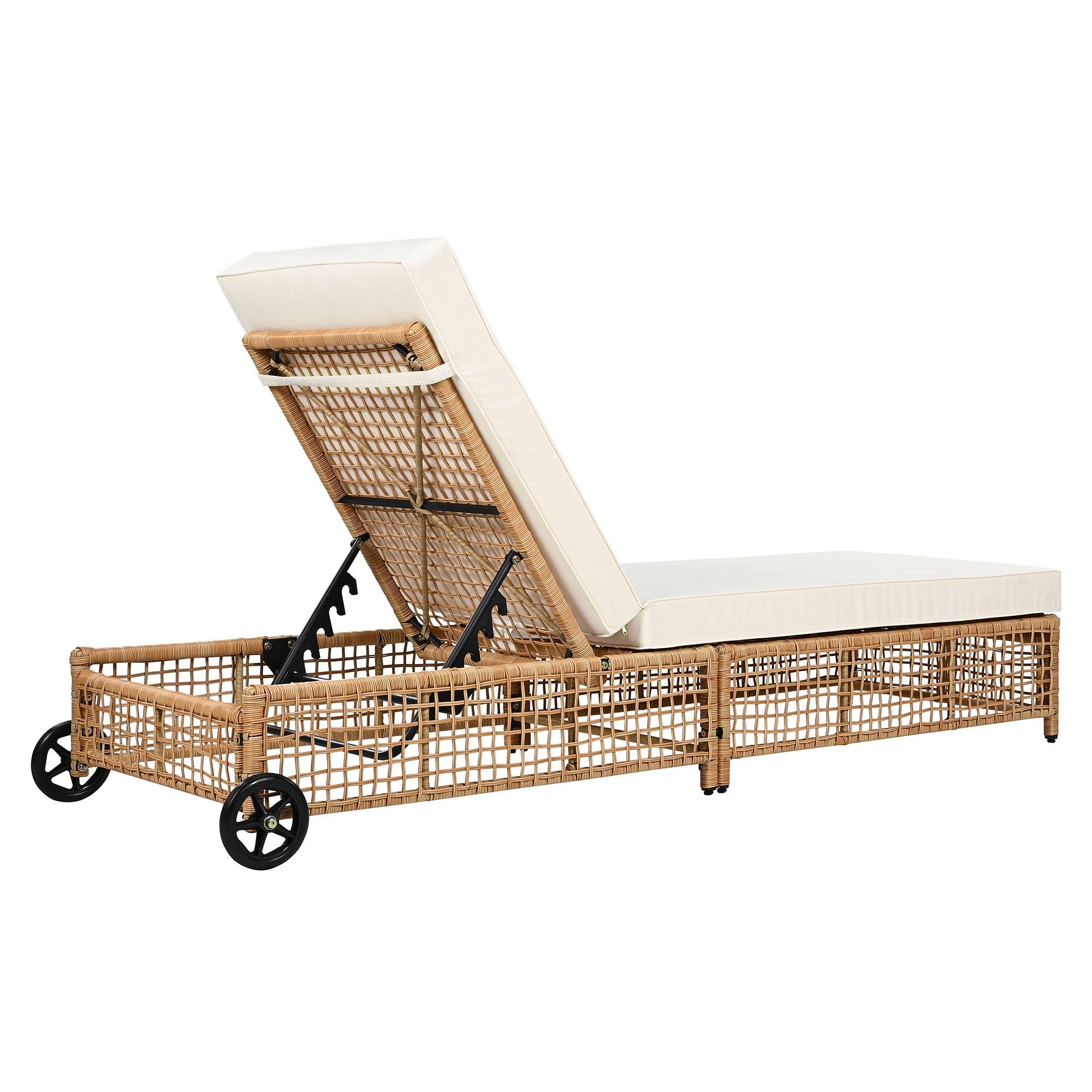 Outdoor Lounge Chair, Patio Chaise Lounge with 5-Position Backrest, Rattan Outdoor Lounge Chair with Cushion and Wheels for Poolside, Backyard, Garden - Image 8