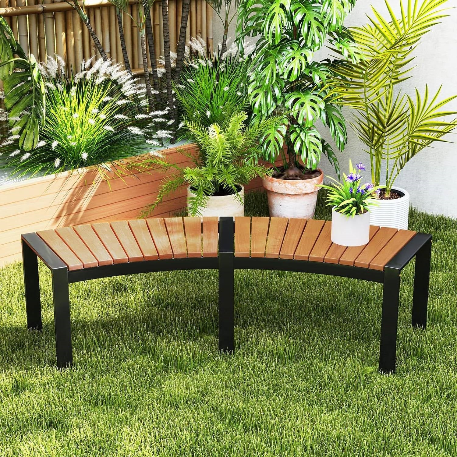 Outdoor Metal Frame Wood Slat Backless Garden Bench with Modern Arch Design - Image 2