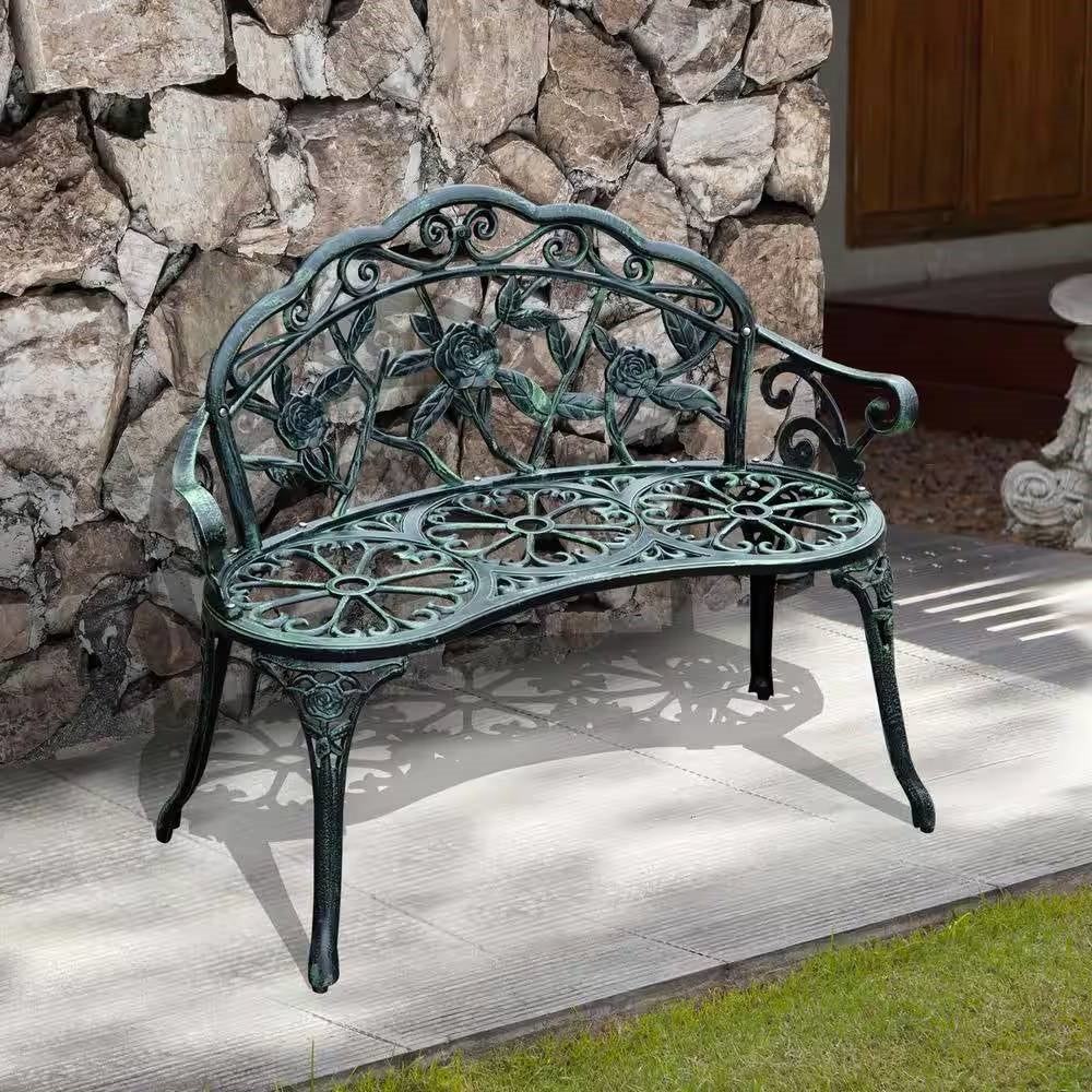 Outdoor Patio 40-inch Garden Bench with Backrest in Antique Green Metal Finish - Image 2