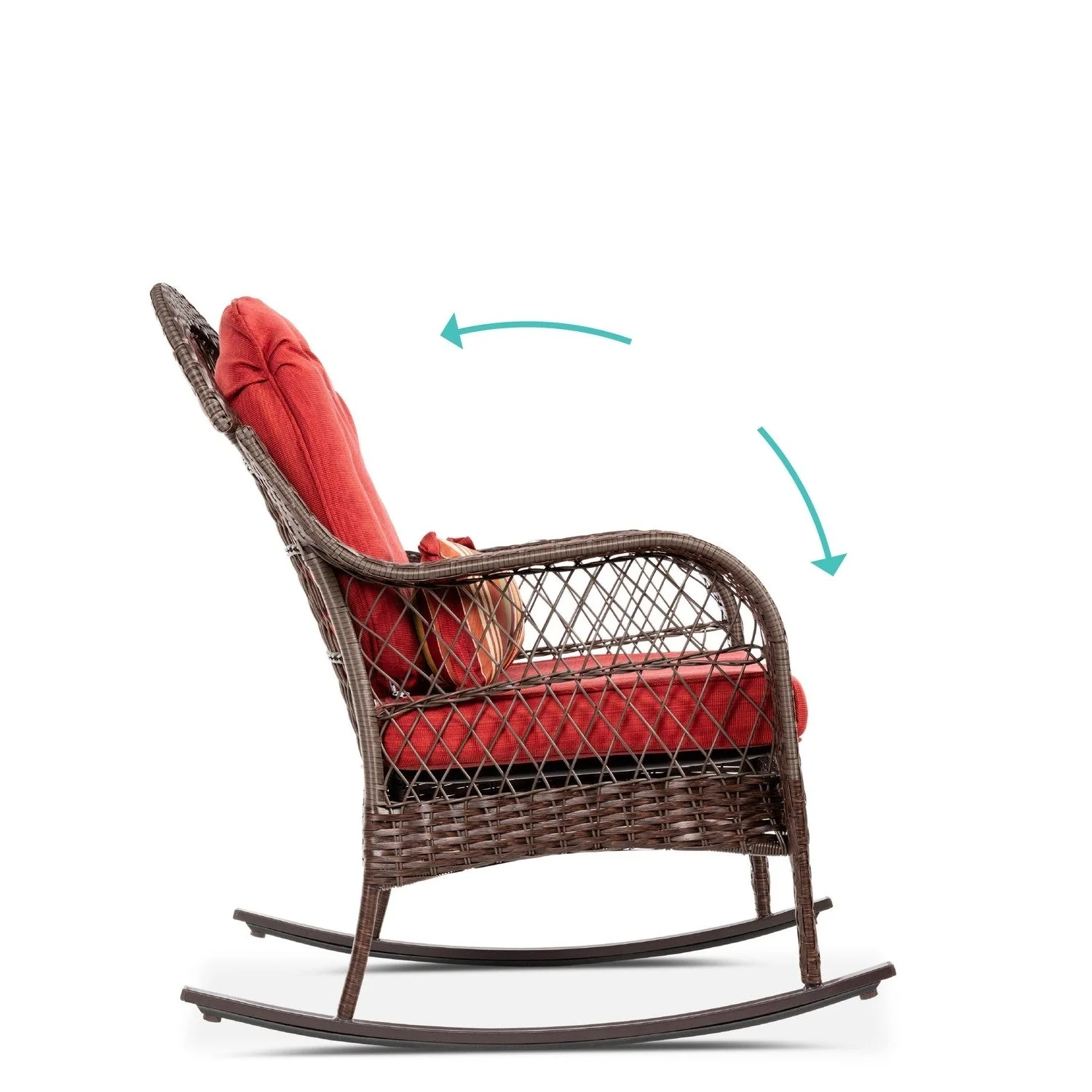 Outdoor Patio Brown Wicker Rocking Chair with Red Cushions and Accent Pillow - Image 2