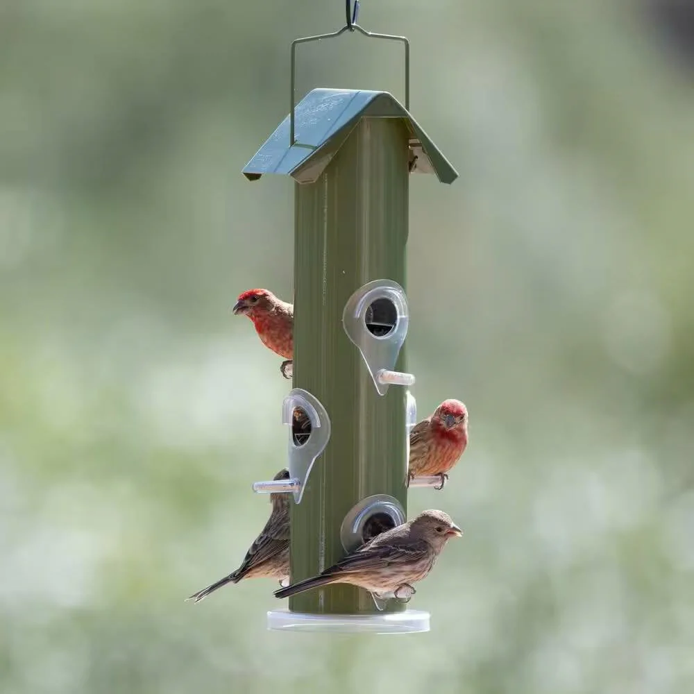 Outdoor Patio Garden 6-Perch Olive Green Metal Tube Bird Feeder - Image 4
