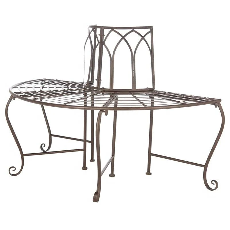 Outdoor Patio Garden Rustic Bronze Brown Wrought Iron Half-Circle Tree Bench - Image 2