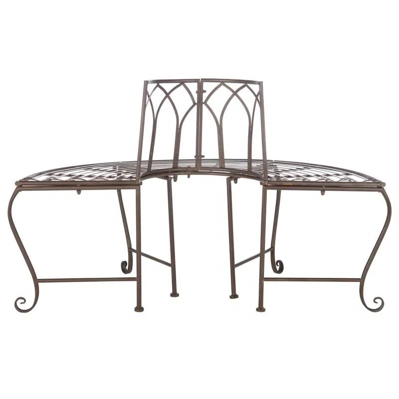 Outdoor Patio Garden Rustic Bronze Brown Wrought Iron Half-Circle Tree Bench - Image 4