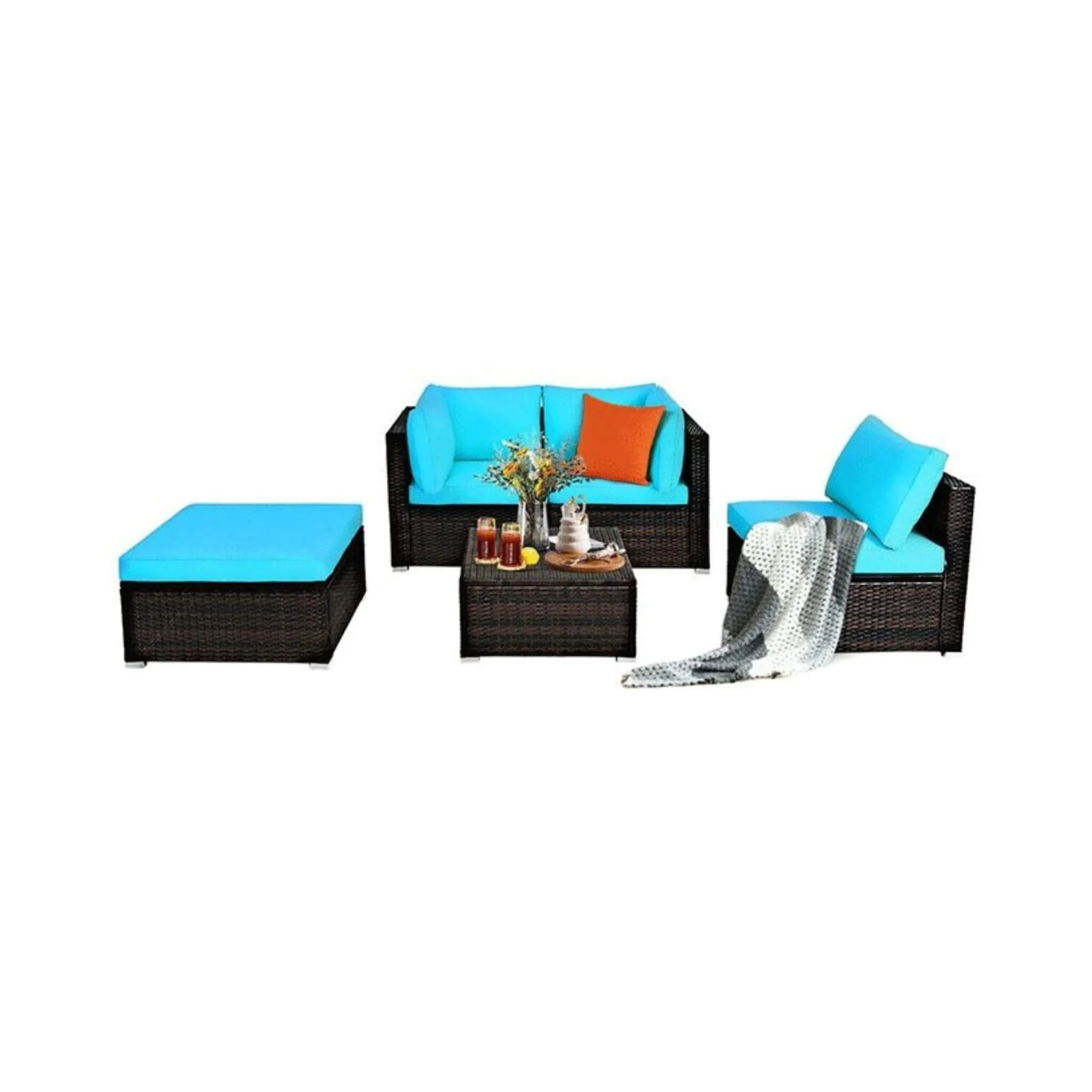 Alora Outdoor Patio Rattan Turquoise Furniture Sectional Conversation Sofa Set, 5PCS (SAK56878) - Image 3