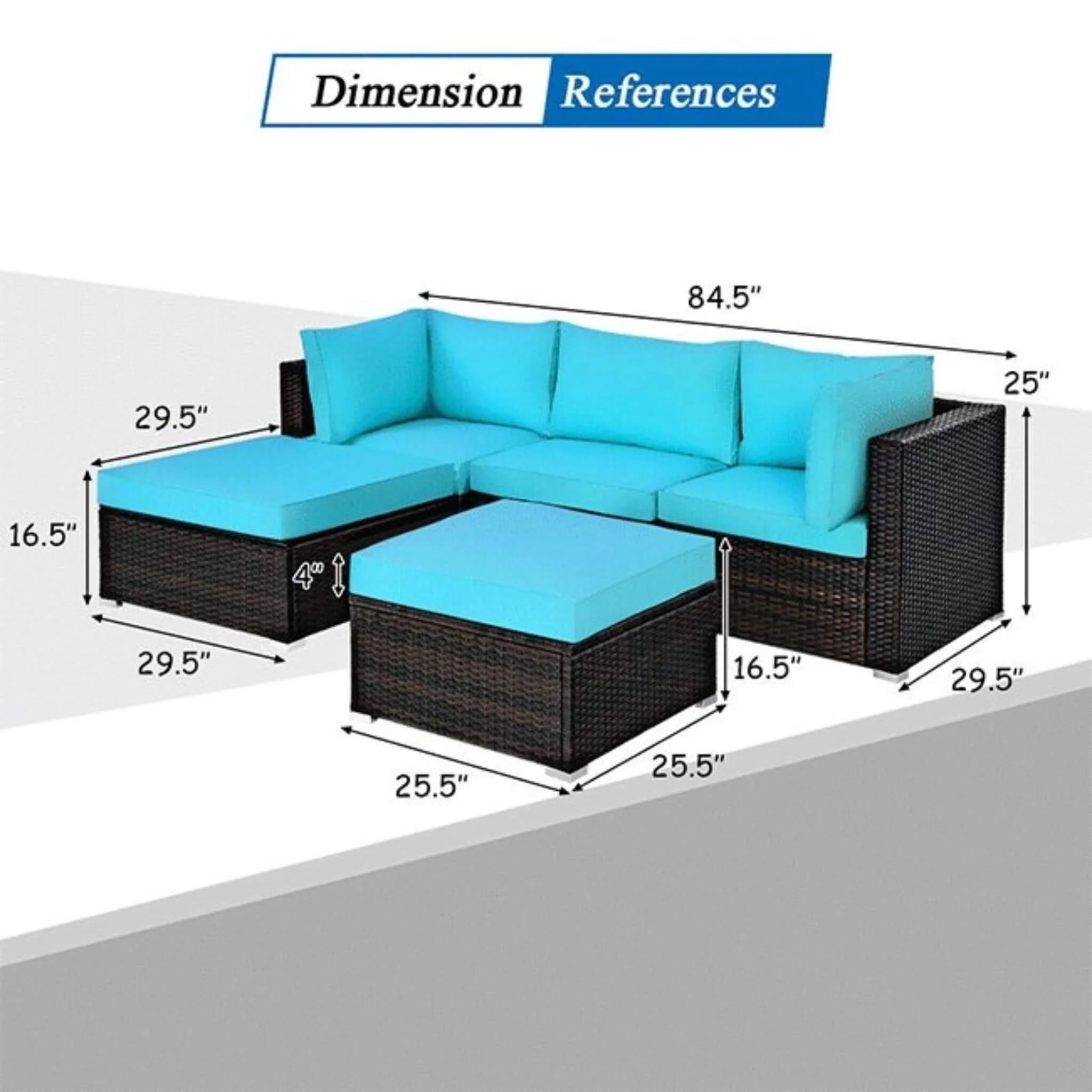 Alora Outdoor Patio Rattan Turquoise Furniture Sectional Conversation Sofa Set, 5PCS (SAK56878) - Image 5