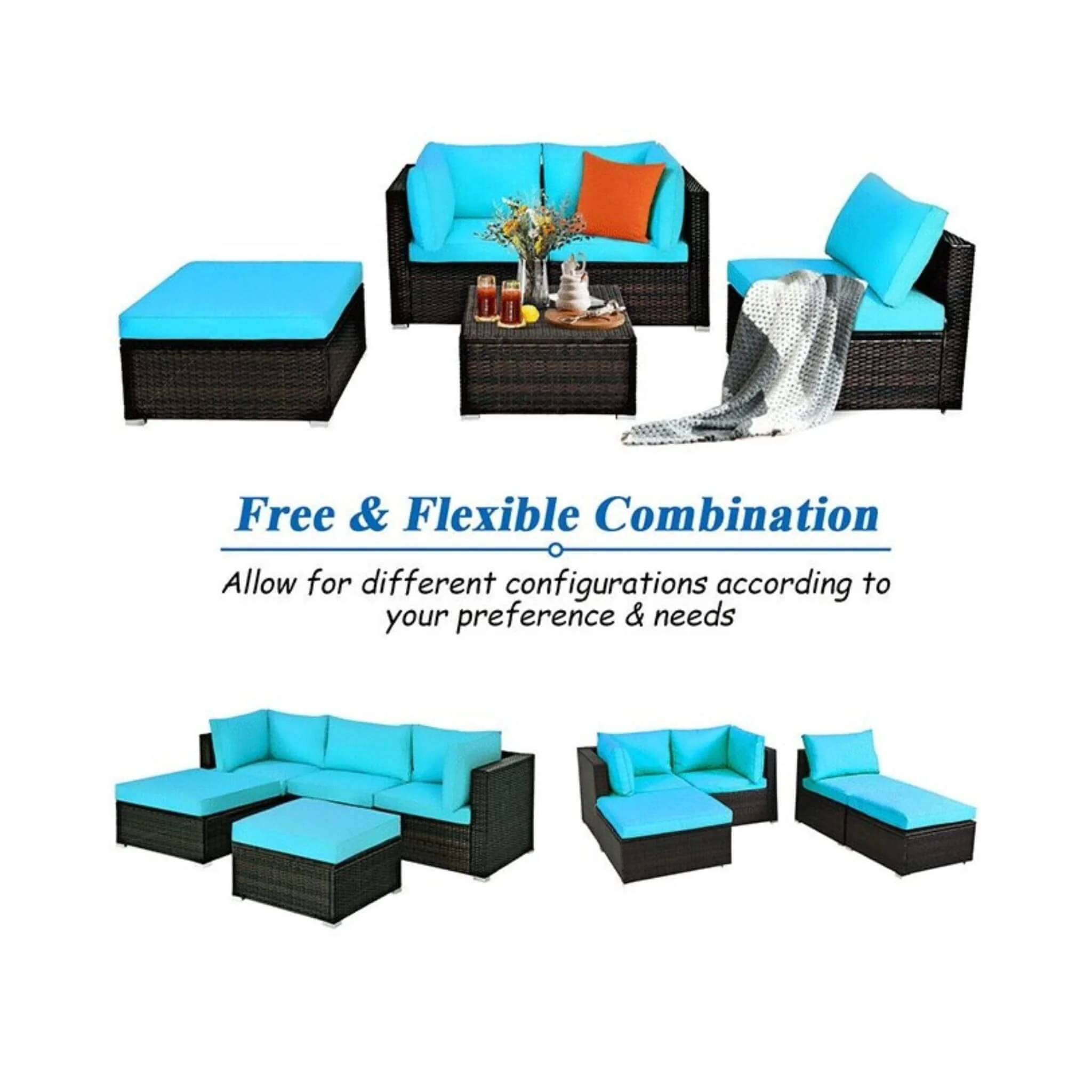 Alora Outdoor Patio Rattan Turquoise Furniture Sectional Conversation Sofa Set, 5PCS (SAK56878) - Image 6