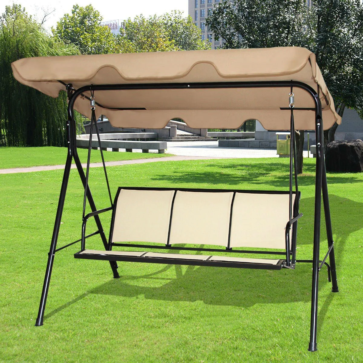 Outdoor Porch Patio 3-Person Canopy Swing in Light Brown - Image 2