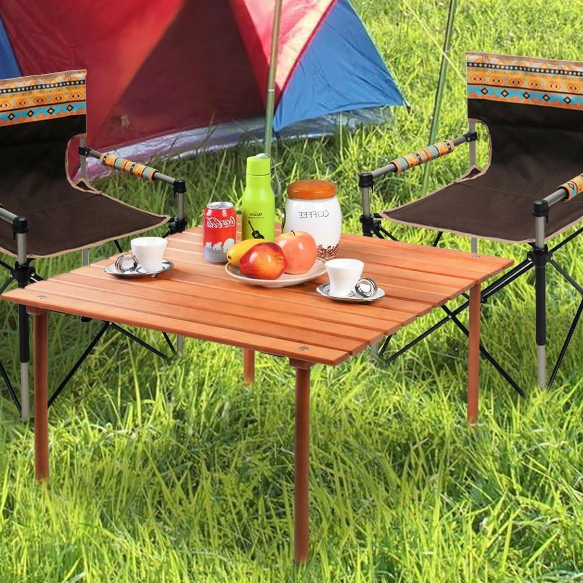 Outdoor Portable Roll-Up Folding Wood Patio Table with Carry Bag - Image 5
