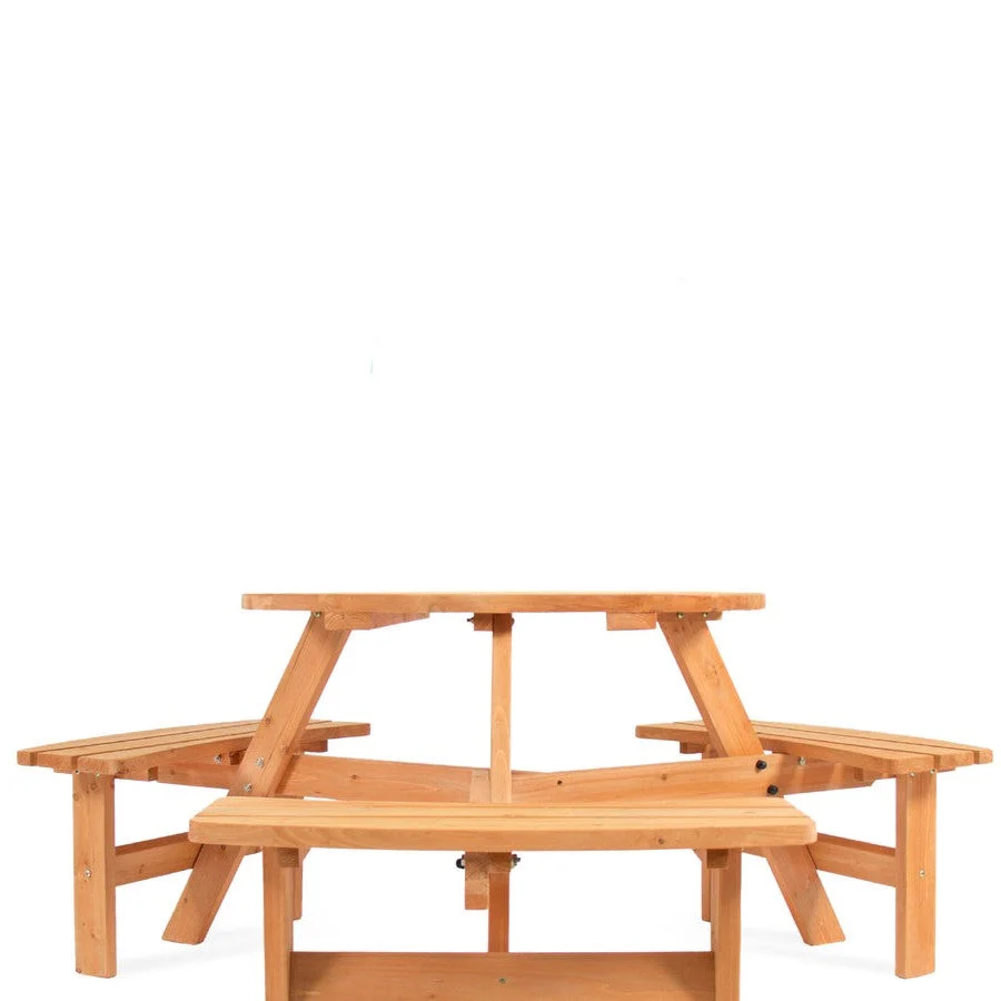 Outdoor Round Wood Picnic Table Bench Set with Umbrella Hole - Seats 6 - Image 3