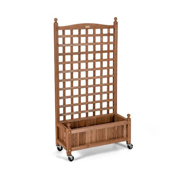 Outdoor Solid Wood Raised Garden Bed Mobile Planter Box with Trellis on Wheels - Image 2