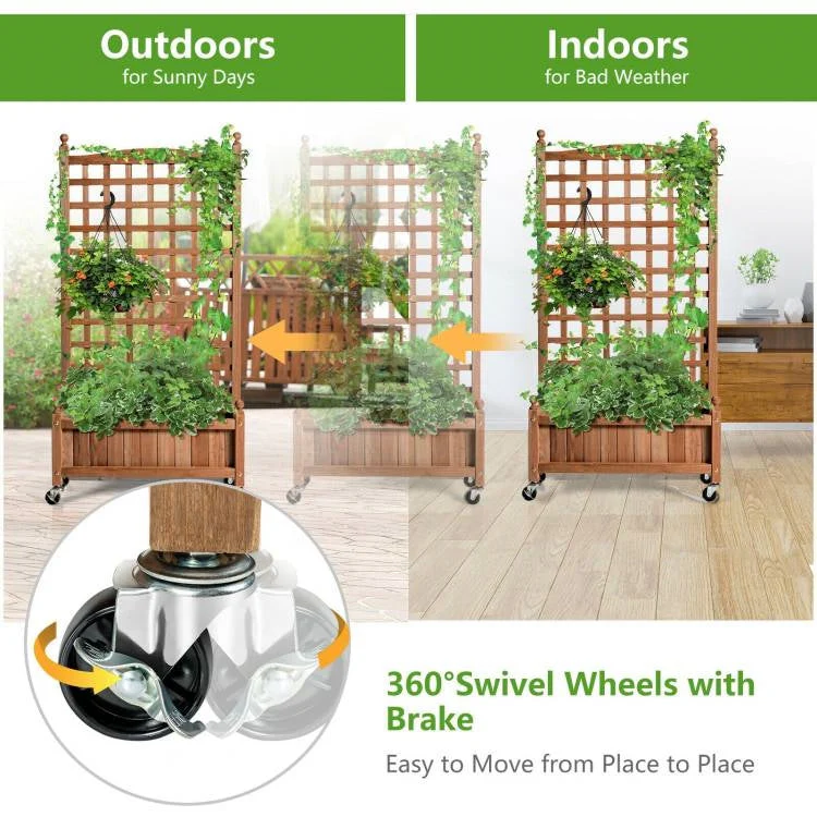 Outdoor Solid Wood Raised Garden Bed Mobile Planter Box with Trellis on Wheels - Image 3