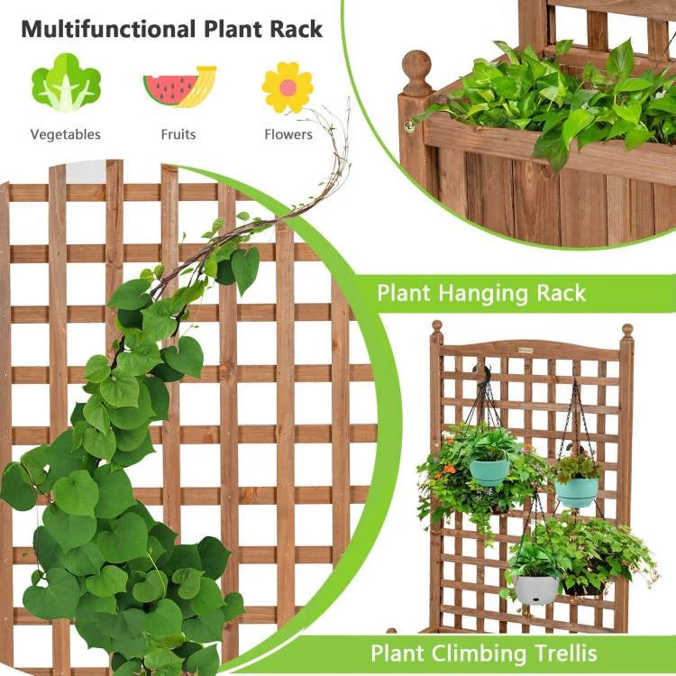Outdoor Solid Wood Raised Garden Bed Mobile Planter Box with Trellis on Wheels - Image 4