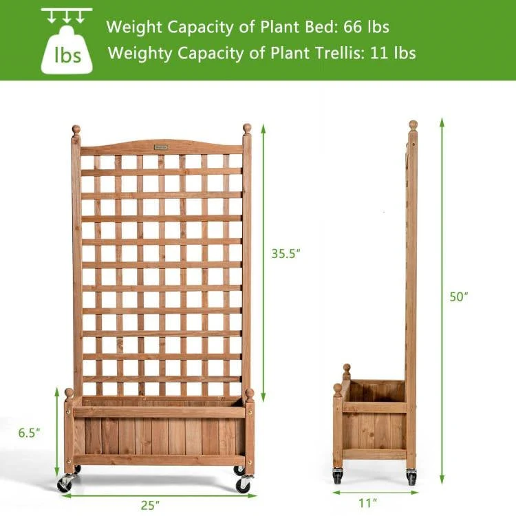 Outdoor Solid Wood Raised Garden Bed Mobile Planter Box with Trellis on Wheels - Image 5