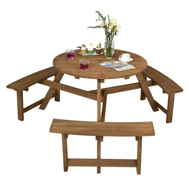 Outdoor Solid Wood Round Picnic Table Set with Umbrella Hole and 3 Benches - Image 2