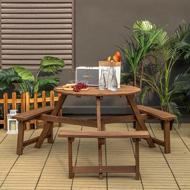 Outdoor Solid Wood Round Picnic Table Set with Umbrella Hole and 3 Benches - Image 3