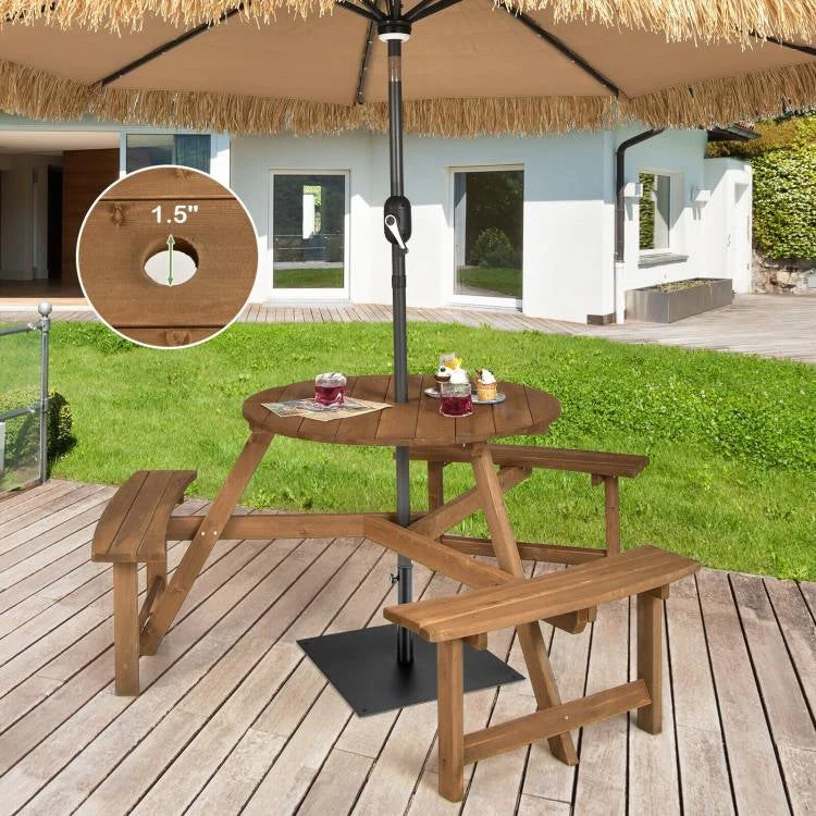 Outdoor Solid Wood Round Picnic Table Set with Umbrella Hole and 3 Benches - Image 4