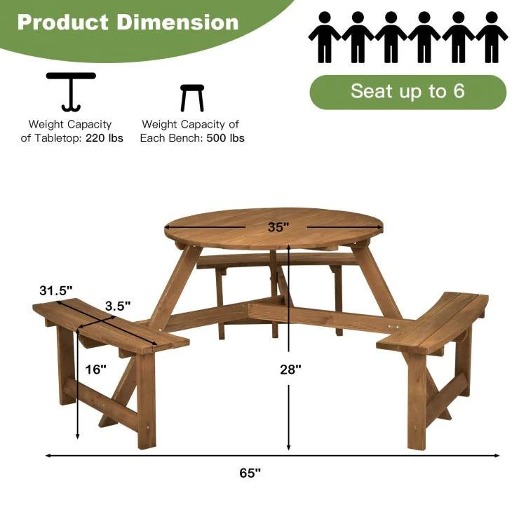 Outdoor Solid Wood Round Picnic Table Set with Umbrella Hole and 3 Benches - Image 5
