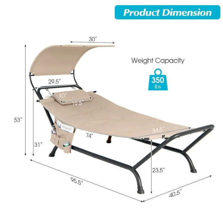 Outdoor Tan Hammock Style Chaise Lounge Chair Cot with Canopy and Storage Bag - Image 4