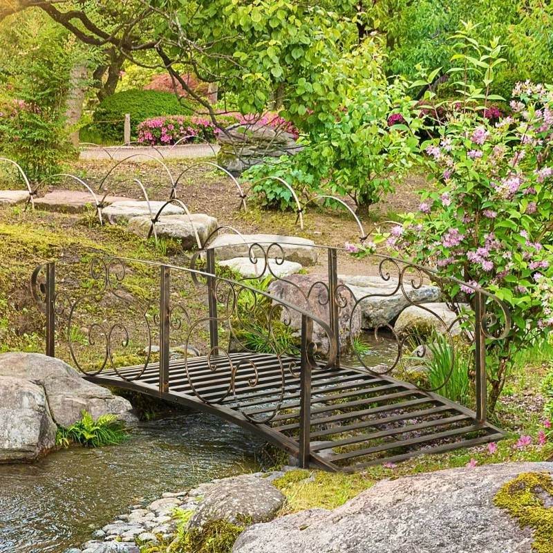 Outdoor Vintage Bronze Arch 6-ft Garden Bridge with Side-Rails - Image 2