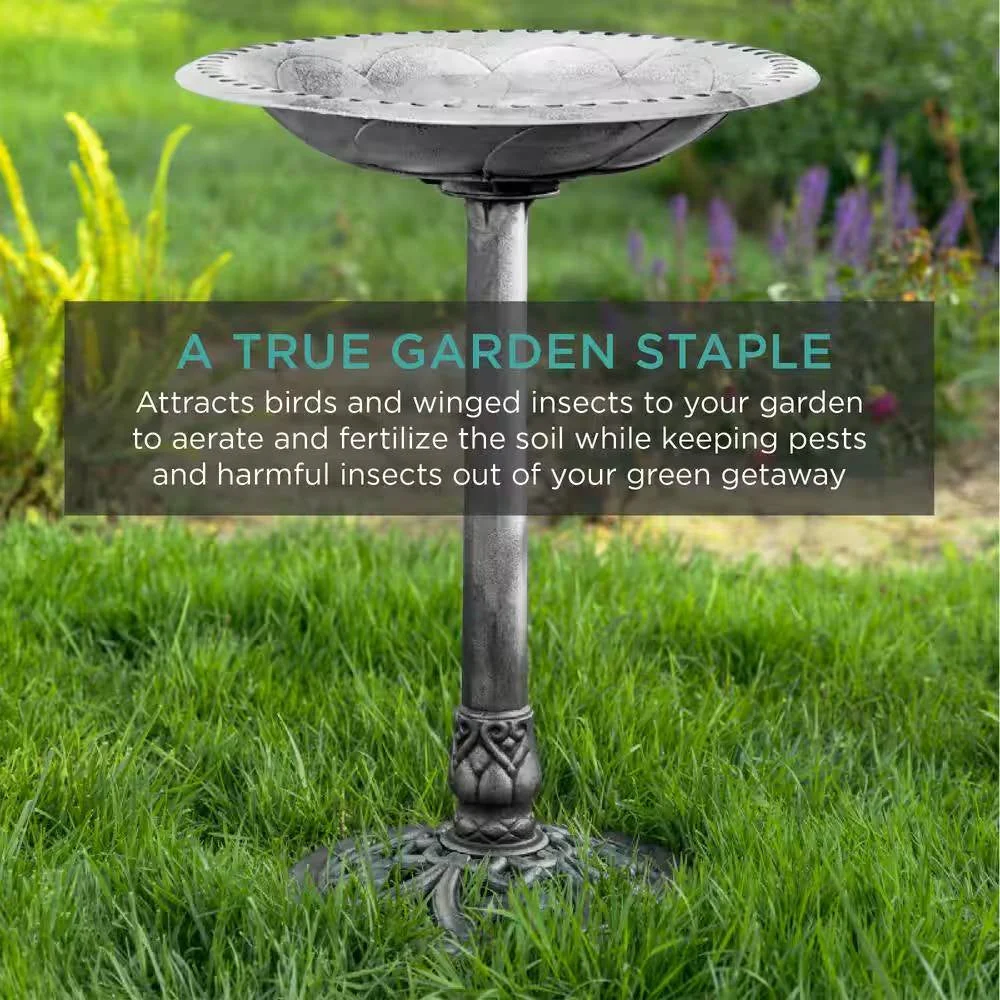Outdoor Weather Resistant Polyresin Bird Bath in Rustic Aged Silver Finish - Image 4