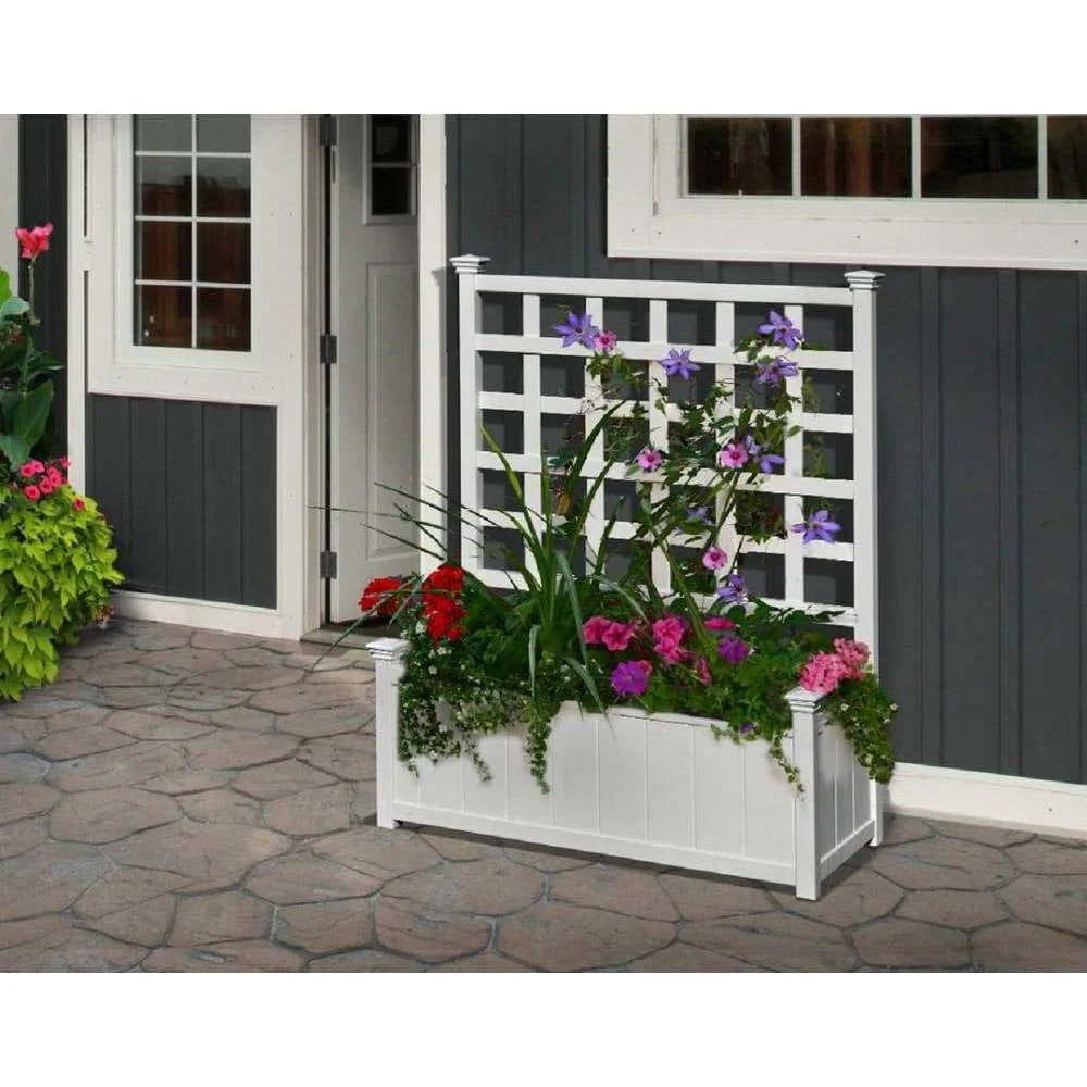Outdoor White Vinyl Garden Planter Box with Trellis - Image 2