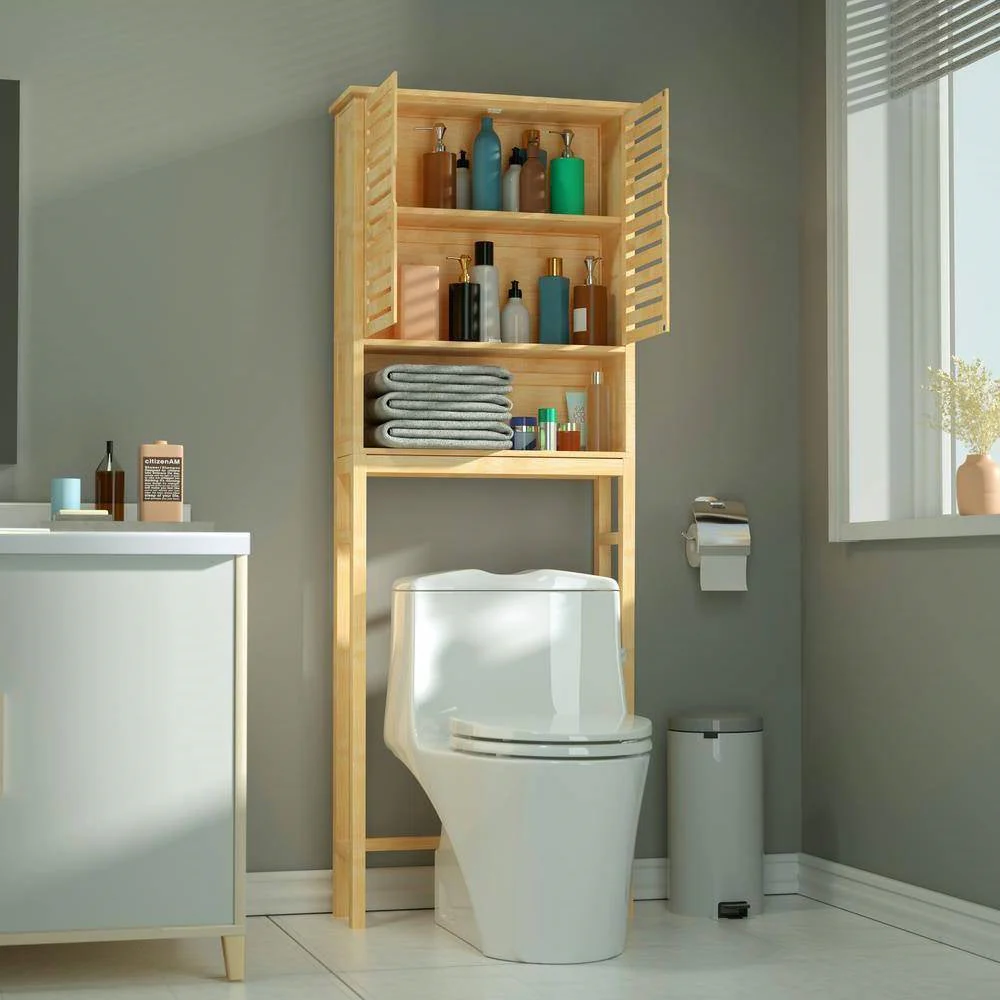 Over the Toilet Bathroom Storage Cabinet Shelf in Light Brown Yellow Wood Finish - Image 2