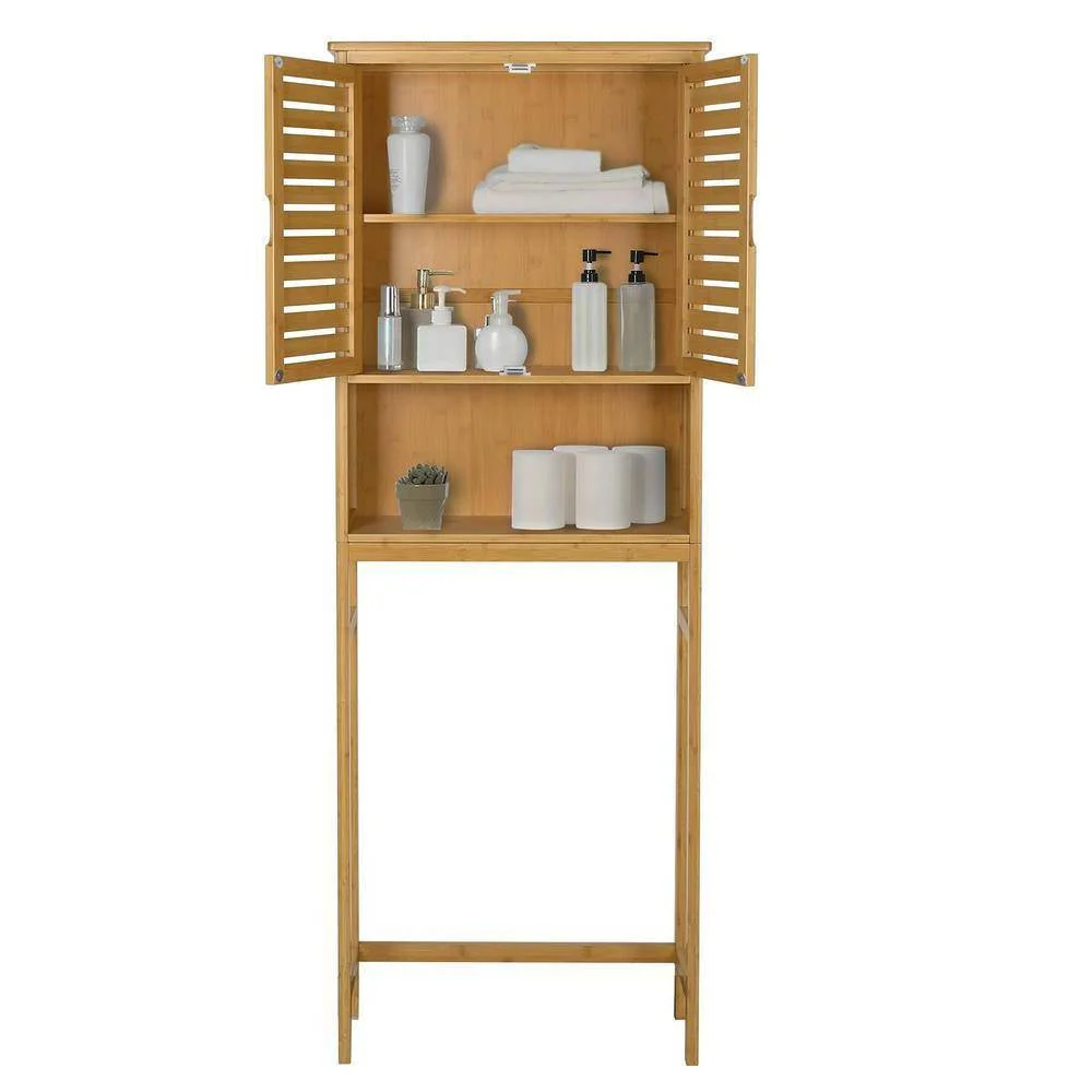 Over the Toilet Bathroom Storage Cabinet Shelf in Light Brown Yellow Wood Finish - Image 3