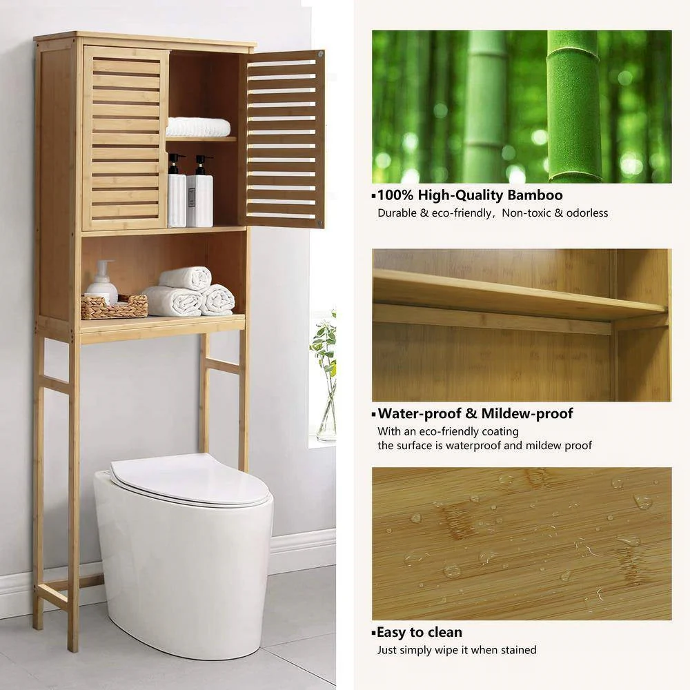 Over the Toilet Bathroom Storage Cabinet Shelf in Light Brown Yellow Wood Finish - Image 4