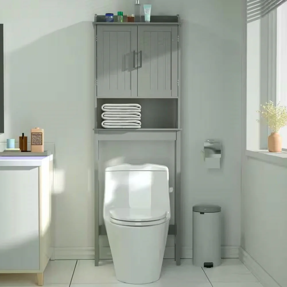Over the Toilet Bathroom Storage Cabinet Shelving Unit in Grey Wood Finish - Image 2