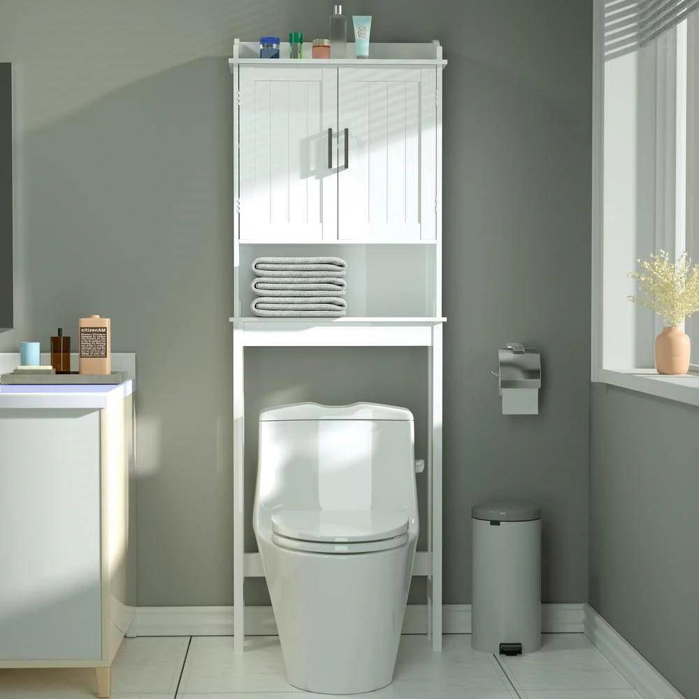 Over the Toilet Bathroom Storage Cabinet Shelving Unit in White Wood Finish - Image 2