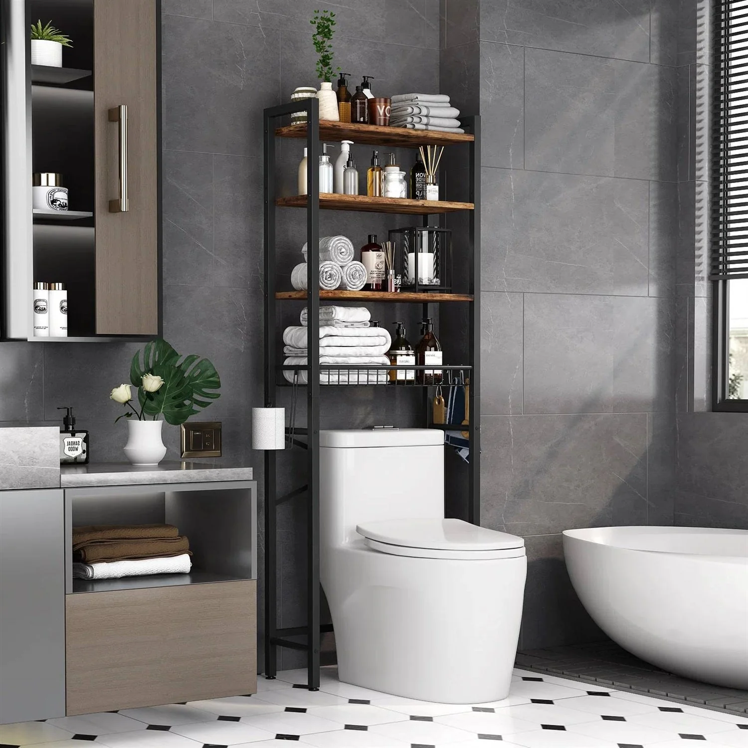 Over the Toilet Storage Freestanding Industrial Metal Wood Shelving Unit - Image 2