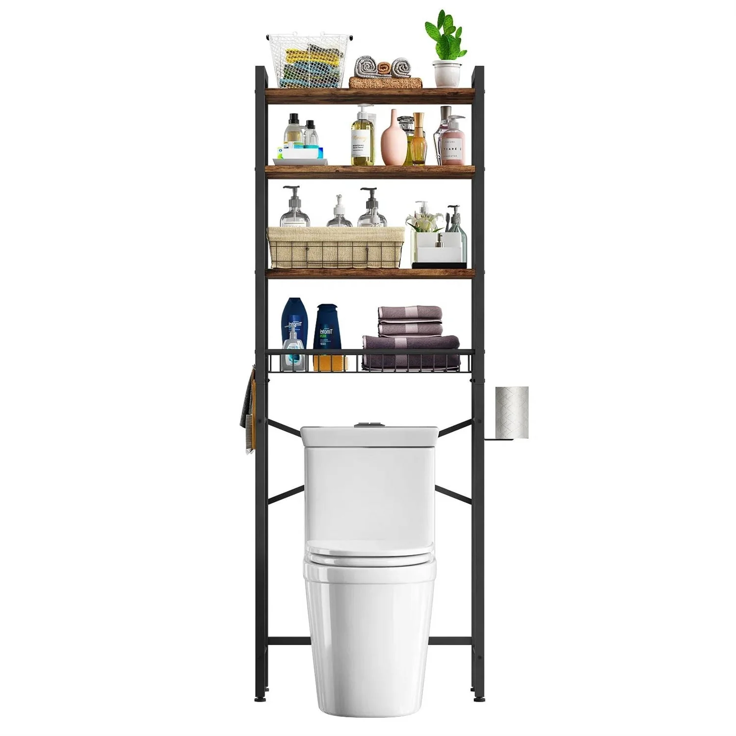 Over the Toilet Storage Freestanding Industrial Metal Wood Shelving Unit - Image 3
