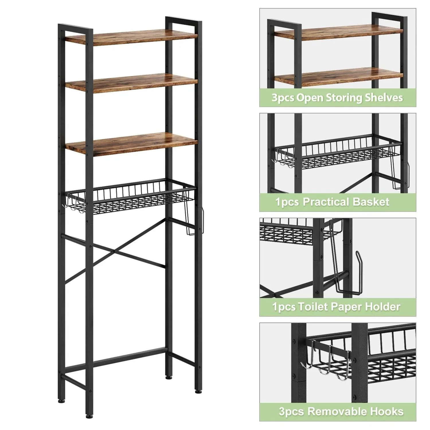 Over the Toilet Storage Freestanding Industrial Metal Wood Shelving Unit - Image 4