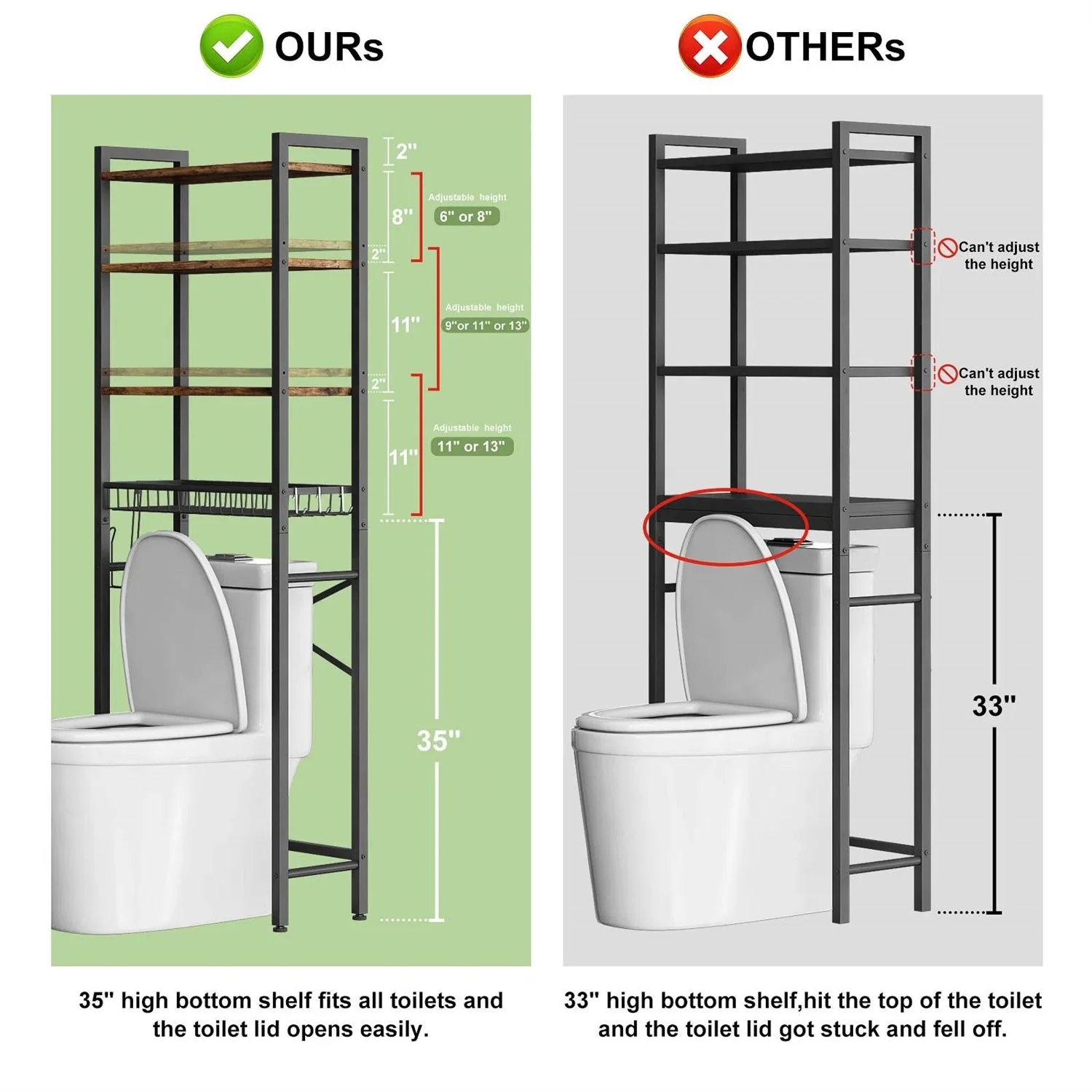 Over the Toilet Storage Freestanding Industrial Metal Wood Shelving Unit - Image 5